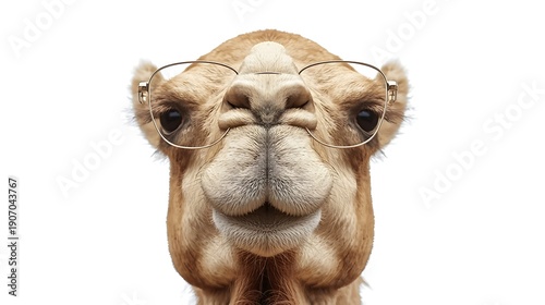 Whimsical Portrait of a Dromedary Camel with Eyeglasses on White Background