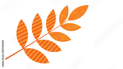 Single autumn leaf with orange and yellow striped and dotted patterns is attached to a branch against a plain white background.