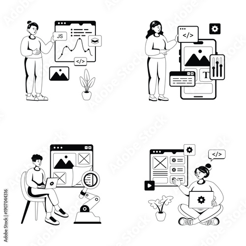 Have a look at this amazing glyph style illustration set of web development