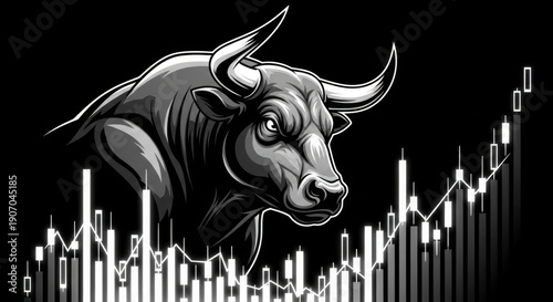 Bullish market trend with powerful bull on rising stock chart