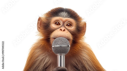 Whimsical Brown Monkey Singing into a Silver Mic on White Background