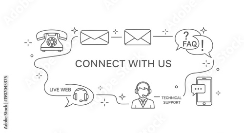 Vector customer support illustration, icons for website, with phone, email, FAQ, live chat and technical support, for customer service or help page, Isolated on transparent background, png