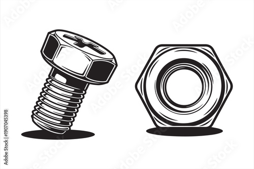 A detailed black and white illustration depicting a bolt and a nut side by side