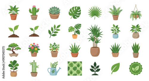 A collection of various potted plants and leaves, presented in a flat, illustrative style.