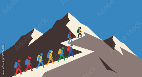 Team Hiking to Mountain Summit Leadership Success Achievement.