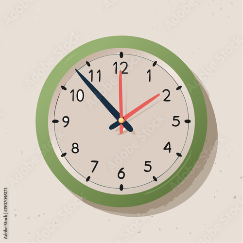 Green rimmed analog clock face displaying the time with blue and red hands on a textured light brown wall emphasizing punctuality and time management concepts