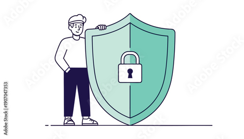 Man confidently standing beside a large shield symbolizing online security and protection with a padlock icon displayed prominently