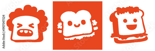 Vector set of 3x illustration of an abstract cute bread face for logo or t-shirt print