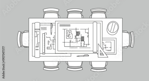 Blueprint on Conference Table Top View Architectural Design.