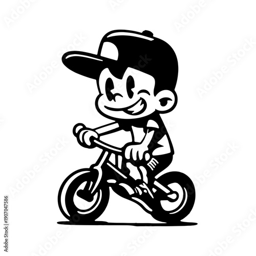 Vector illustration of a smiling young child boy biker riding a bike in a snapback for logo or t-shirt print