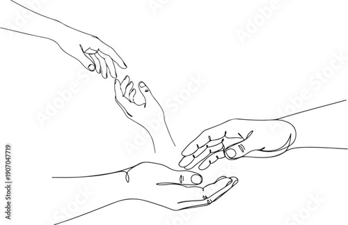 Minimalist continuous line drawing of two hands reaching for support, helping hand concept, simple line vector illustration isolated on white background.eps