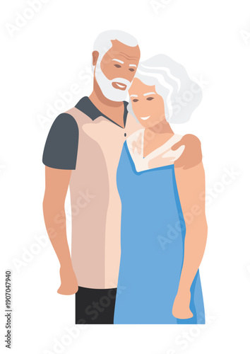 Grandfather tenderly hugs grandmother, who rests her head on his shoulder. Happy elderly couple. Grandparents' Day. Hand-drawn vector illustration in flat style on a white background.