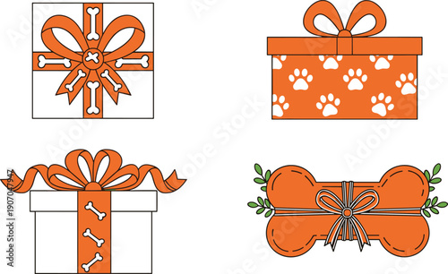 Pet Gift Box Icons Set Featuring Dog Bone And Paw Print Packaging, Cute Present Design, Animal Theme, Celebration Elements, And Editable Vector Illustration