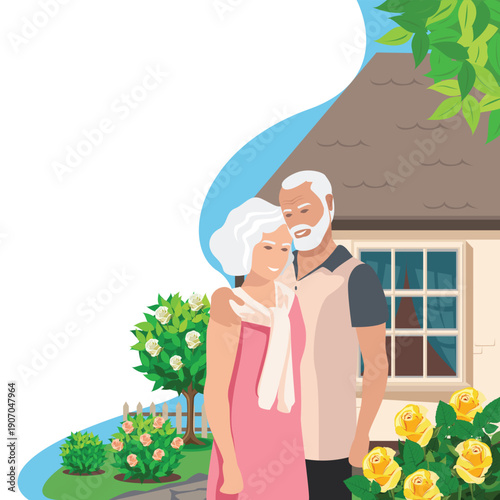 Elderly couple tenderly hugging against the backdrop of their house and rose garden. Happy retired couple. Grandparents' Day. Hand-drawn vector illustration in flat style.