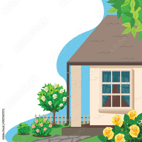 Small cozy house with a rose garden and garden path. Hand-drawn vector illustration of a cute house with empty space for text.
