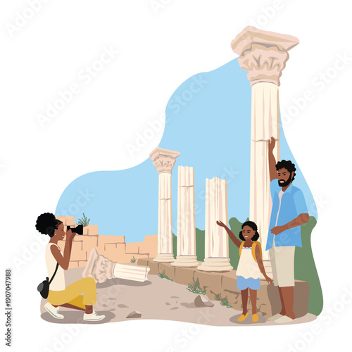 A family travels and takes photos against the backdrop of ancient ruins. Travel and leisure. Hand-drawn vector illustration.