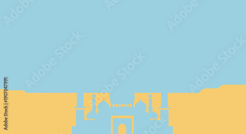 A serene desert landscape with ancient architecture.