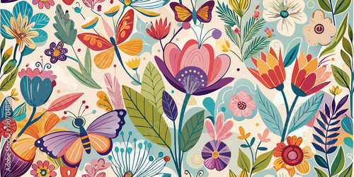 Charming floral pattern with colorful flowers and butterflies for background, banner, wallpaper, textile, and other design needed