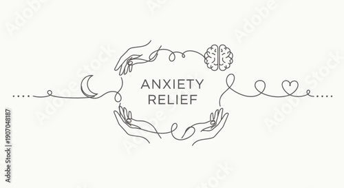 Anxiety relief concept with hands, brain, and heart line art, for mental health awareness poster or social media graphic, isolated on transparent background, png