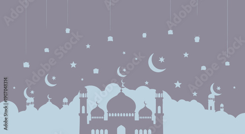 A serene mosque silhouette under starry night sky with crescent moons.