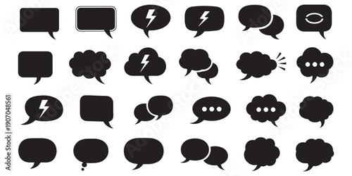 Vector set of 24 black speech bubbles with symbols, collection of chat icons, thought clouds, and messaging balloons with lightning and ellipsis for UI design.