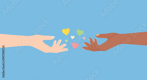 Hands Reaching for Colorful Hearts Diversity Inclusion Support.