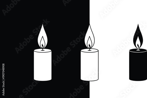Candle Flame Icons Set Featuring Light And Darkness Concept, Minimal Silhouette Design, Spiritual And Memorial Symbolism, And Editable Vector Illustration