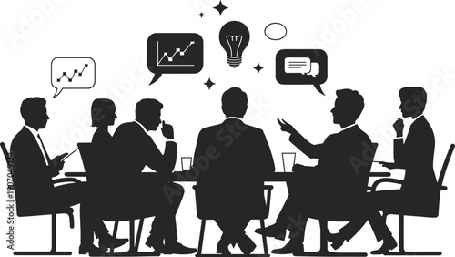   
Flat vector illustration of business professionals meeting around table, teamwork concept, corporate office environment, brainstorming ideas, communication, collaboration, innovation