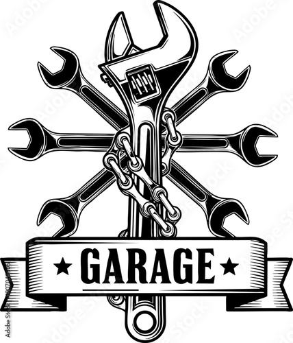 Garage Tools Line Icon – Mechanical Repair, Auto Service and Workshop Emblem