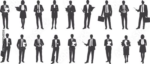Flat vector illustration of diverse business professionals silhouettes standing in two rows with briefcases, teamwork concept, corporate office environment design