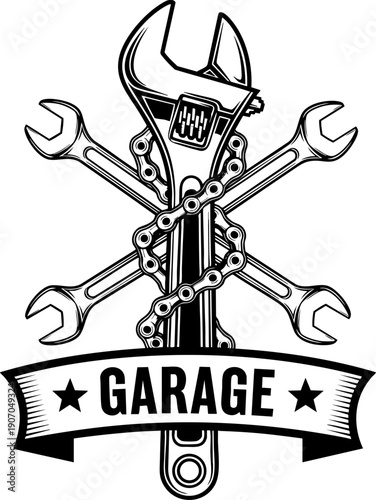 Garage Tools Line Icon – Mechanical Repair, Auto Service and Workshop Emblem