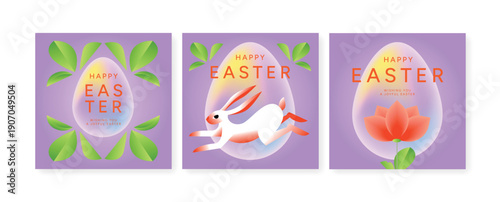 Set of Happy Easter greeting posters with bunny rabbit, egg shapes and spring leaves on purple background. Minimal floral holiday card collection. Flat vector illustration for poster, greeting card, p