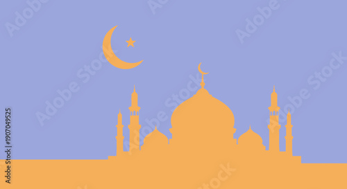 Ornate mosque silhouette at dusk with crescent moon.