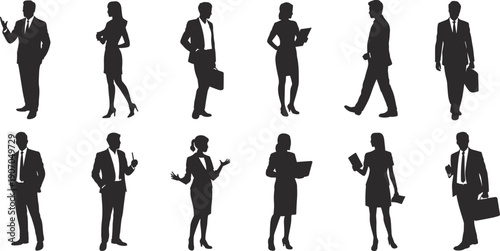 Flat vector illustration of diverse business professionals silhouettes standing, walking, holding briefcases and documents, teamwork concept, corporate office environment design