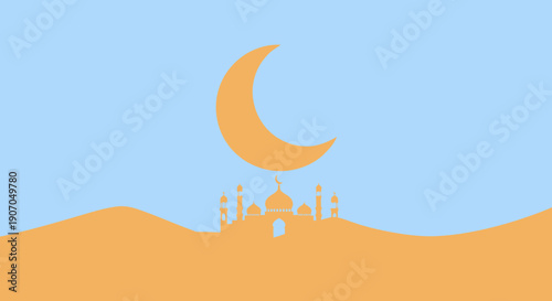 Desert landscape with mosque silhouette at dusk.