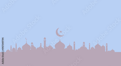 Silhouette of a mosque cityscape at dusk.