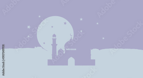 a purple silhouette of a mosque under a moonlit sky with stars.