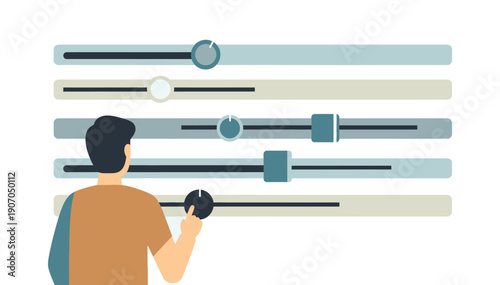 Man standing adjusting digital sliders on a user interface with various controls and settings
