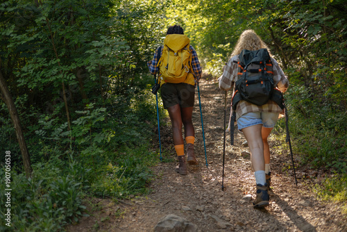 Two hikers with backpacks walking on a sunlit forest trail with trekking poles