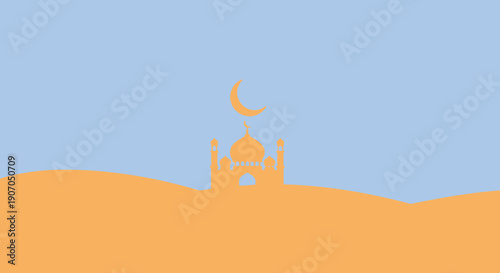 A serene desert landscape with mosque silhouette.