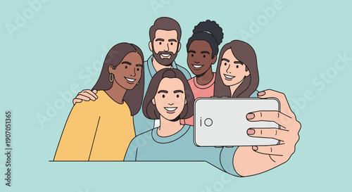 friends taking selfie with smartphone together.