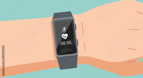 Smartwatch on wrist with heart rate monitor.