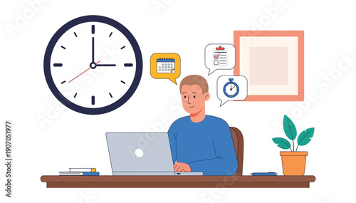 Man working efficiently on laptop at desk with clock and plant nearby symbolizing productivity and time management skills effectively