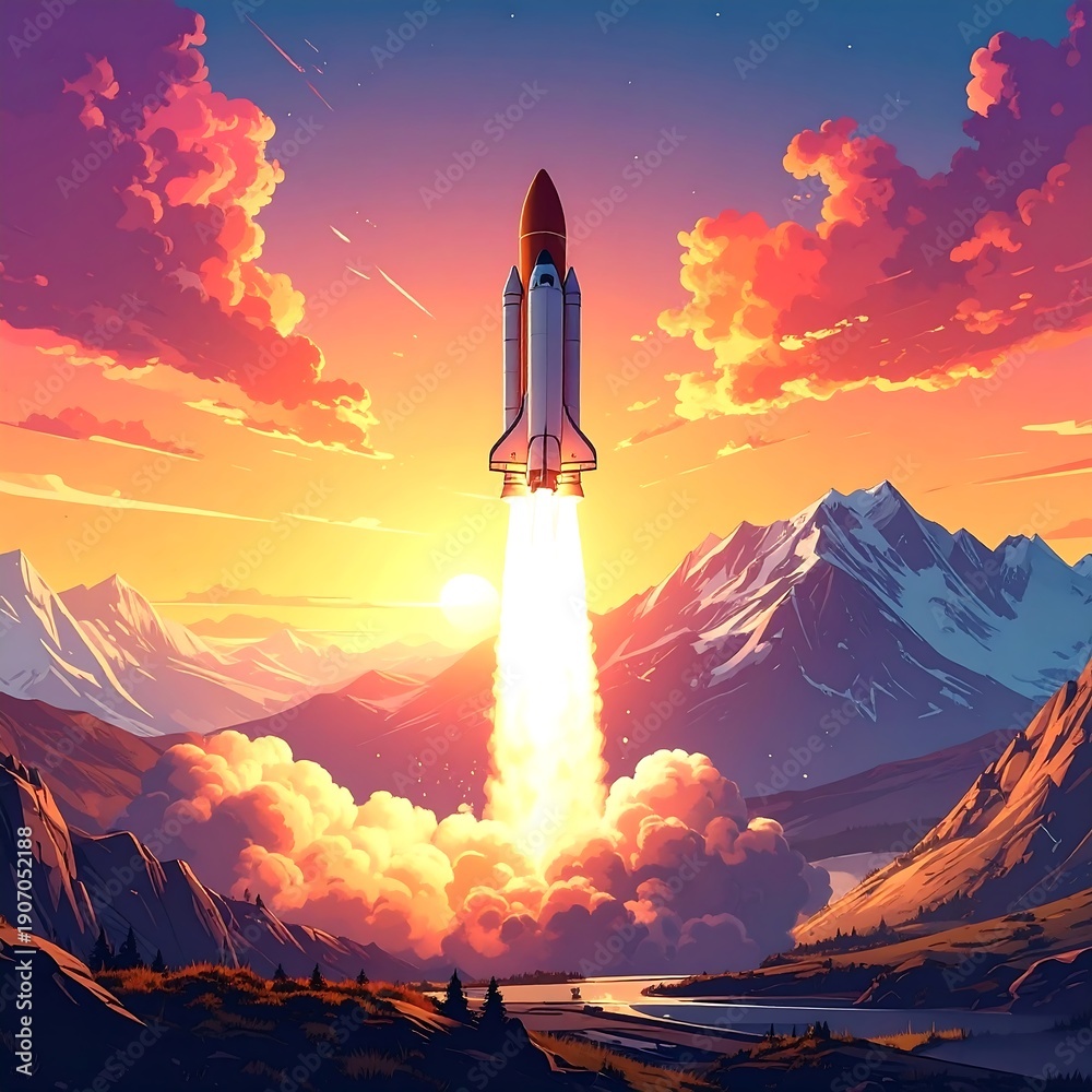 Fototapeta premium Rocket launch at sunrise over mountains