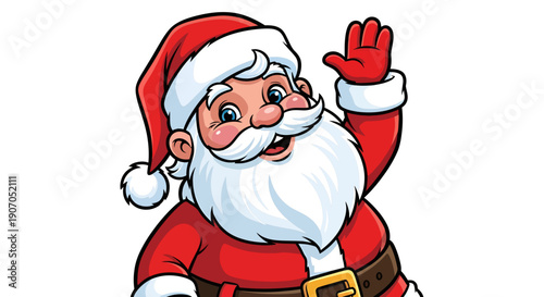 Festive santa claus illustration waving cheerfully with classic red suit and bright smile