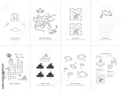 Set of seven games on the theme of the sea. Game and coloring page for kids. French language. Vector illustration. Set No. 1.