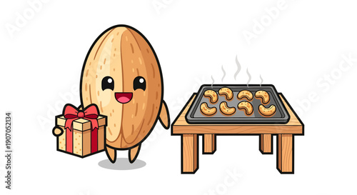 Festive almond cartoon character presenting gift near warm baked cashew tray delight