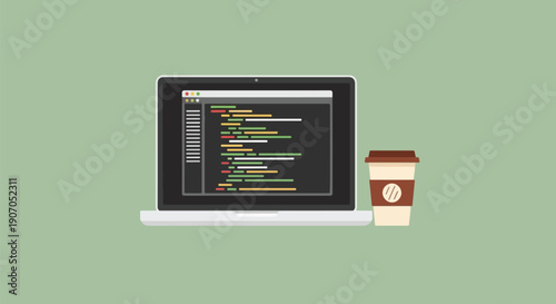 Laptop with coding screen and coffee cup.