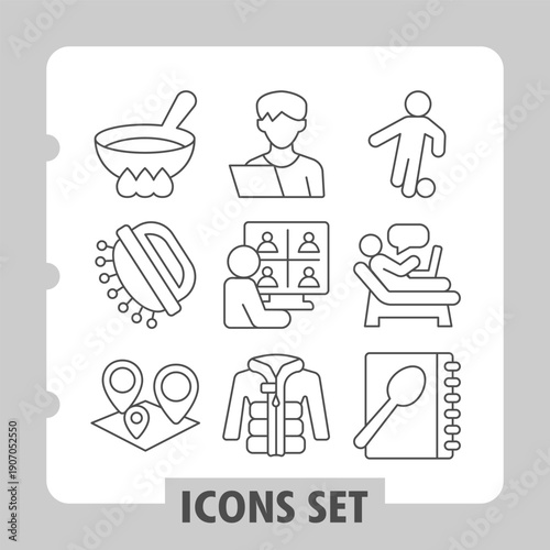 Set of nine thin line icons depicting cooking, hygiene, navigation, work and relaxation concepts. Ideal for web design, presentations and print on white background.