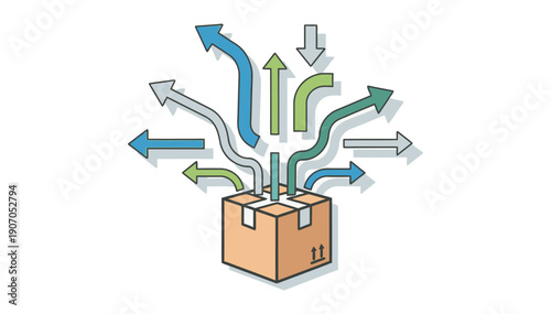 Shipping and logistics concept with cardboard box and various directional arrows illustrating multiple delivery options and routes available